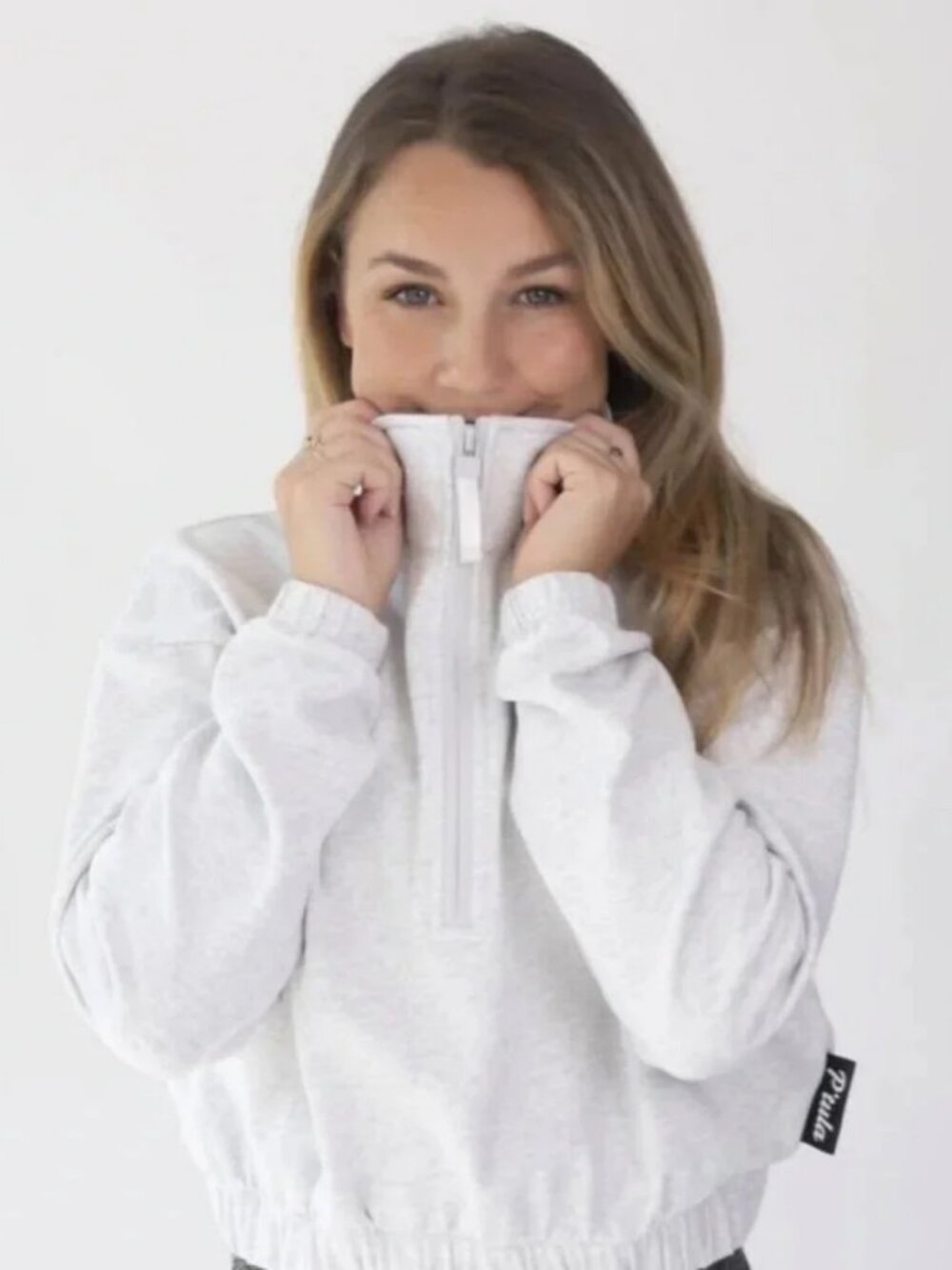 P'tula Mara Scrunch Cropped 1/4 Zip Sweatshirt S Heather Gray Athleisure Sporty